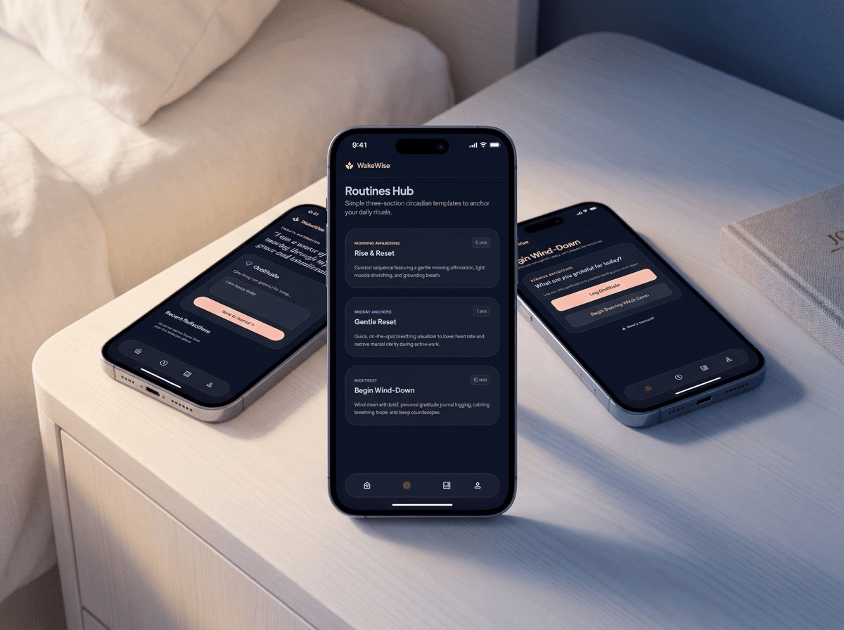 Three phones showing the WakeWise app's Routines Hub, reflections and wind-down screens.